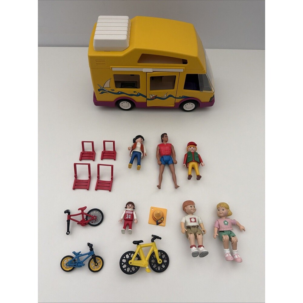Vintage Playmobil Yellow Camper Van Set w/ Figures, Bicycles & Folding Chairs